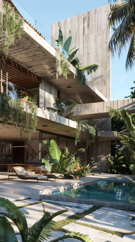 Brutalist Beach House, Brutalism House, Biophilic Design Interiors, Modern Brutalism, Tropical Brutalism, Eco Brutalism, Brutalist House, Brutalist Interior, Biophilic Architecture