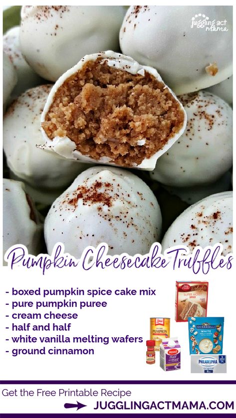 With a decadent pumpkin spice and cream cheese center and white chocolate coating, these pumpkin cake balls are absolutely divine! via @jugglingactmama Pumpkin Spice Truffles Recipe, Pumpkin Balls With Spice Cake, Pumpkin Spice Cake Truffles, Pumpkin Spice Cake Balls Recipe, Pumpkin Spice Cake Bites, Pumpkin Spice Cake Balls Easy, Spice Cake Balls Recipe, Pumpkin Cheesecake Truffle Balls, Pumpkin Cream Cheesecake Balls