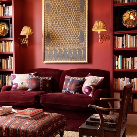 Moody House, English Country Interiors, Modern English Country, Color House, Red Couch, Earthy Home, Living Room Red, Red Sofa, Address Book