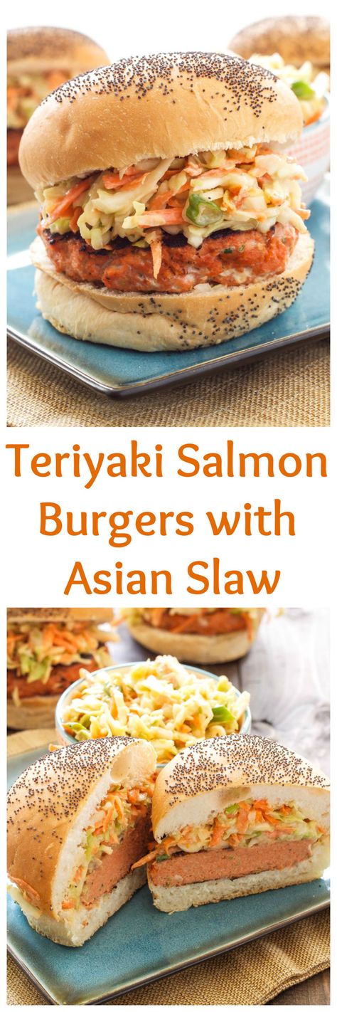 Teriyaki Salmon Burgers with Asian Slaw | This healthy Asian inspired salmon burger is perfect for grilling season! #WildAlaskaSeafood #CleverGirls Healthy Salmon Burgers, Grilled Salmon Burgers, Asian Slaw Recipe, Recipe Runner, Teriyaki Rice, Salmon Teriyaki, Salmon Burger Recipe, Salmon Burger, Healthy Asian