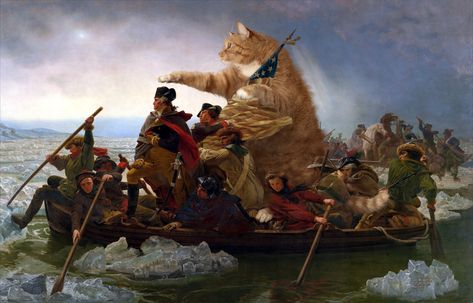 Emanuel Leutze, “Washington Crossing the Delaware in a boat piloted by the Fat Cat” Washington Crossing The Delaware, Crossing The Delaware, Lawrence Alma Tadema, Grant Wood, Jan Van Eyck, Patriotic Art, Lawn Mowing, River Painting, Valley Forge