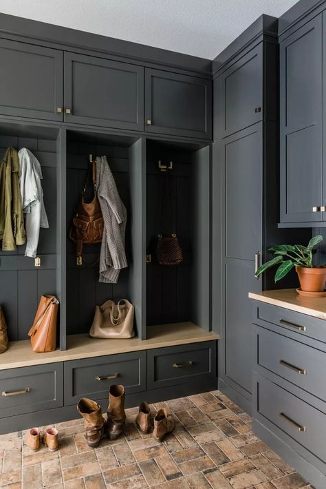 27 Mudroom Decorating Ideas That Are Stunning and Ultra-Functional Beach House Mudroom, Paint Colors For Cabinets, Modern Mountain Design, Moody Paint Colors, Moody Paint, Custom Home Build, Mudroom Cabinets, Mudroom Flooring, Mud Room Entry