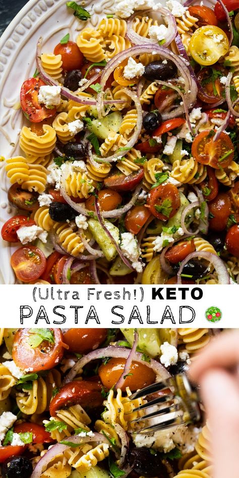 Keto Pasta Salad Without Pasta, How To Make Low Carb Pasta, Keto Pasta Salad Recipes, Healthy Summer Salad Recipes Low Carb, Low Carb Pasta Meals, Low Carb Macaroni Salad, Low Carb High Protein Pasta Salad, Low Carb Pasta Salad Recipes, Keto Pasta Dishes