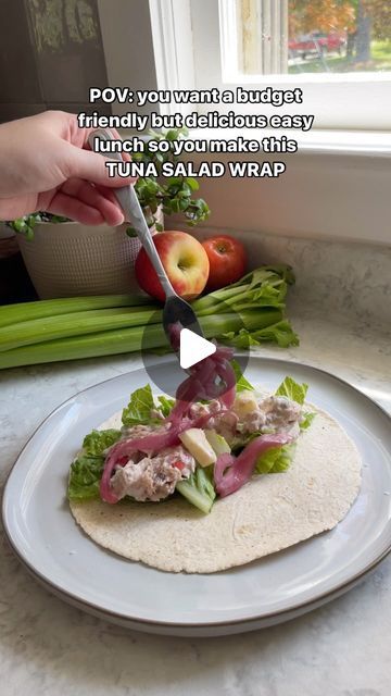 Ashley | Suburban Homestead on Instagram: "Tuna Salad Wrap 🌯 save for your next meal prep! 

Makes 3-4 servings 

3 cans tuna (in water - drained) 
2 stalks celery, chopped 
1 large apple, chopped
1/2 shallot, diced 
1/2 cup Greek 
Pickled red onions (measure with your 💗)
Salt and pepper to taste
Chopped Romain
Wraps of choice 

In a bowl mix your tuna with half of your Greek yogurt then add salt and pepper to taste. Next add shallot, celery and apples and the remaining Greek yogurt and mix until combined. In your wrap add lettuce, two heeling spoonfuls of tuna salad and top with pickled red onions. Wrap it up and enjoy! Store left over tuna salad in a container in the fridge! 

#tunasalad #tunafish #proteinpacked #wrap #mealprep #budgetfriendly #lunchideas" Tuna Salad Wrap, Salad Wrap, Salad Wraps, Tuna Fish, Pickled Red Onions, Red Onions, Tuna Salad, Easy Lunches, Left Over