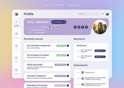 #DailyUI 006 @granatweb daily ui
user profile
web design
community
challenge
design
graphic design
ui Profile Web Design, Daily Ui, Design Ui, Profile Design, User Profile, Ui Design, Creative Professional, Web Design, Graphic Design