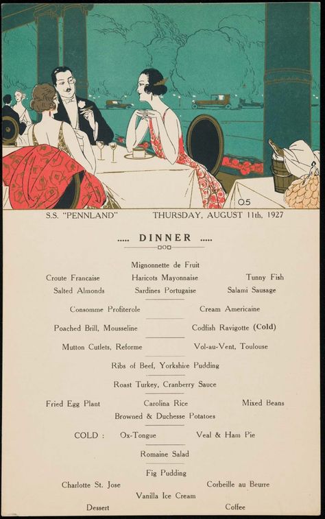 OMG that dress! 1920s Menu Design, Vintage Menu Design, Museum Restaurant, Fine Dining Menu, Menu Design Inspiration, Dining Menu, Museum Of Fine Arts Boston, Vintage Menu, Ocean Liner