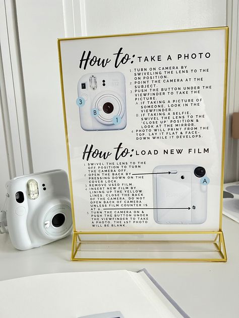 Polaroid camera photo booths at weddings, baby showers, bachelorette parties and more are so popular for guest books. This DIGITAL FILE is an EASY to understand instruction sheet for how to take photos with the instant camera mini and reload film - not too many repetitive and small pictures. Remove all confusion from guests who may not know how to operate the camera and make them more likely to sign your guest book!  Seen with our best-selling frosted acrylic photo booth sign with gold font: htt Poloroid Photobooth Ideas, Polaroid Guest Book Instructions, Instant Camera Wedding, Camera Guest Book, Polaroid Photo Guest Book, Polaroid Station, Polaroid Photo Booths, Polaroid Guest Book Sign, Custom Table Numbers