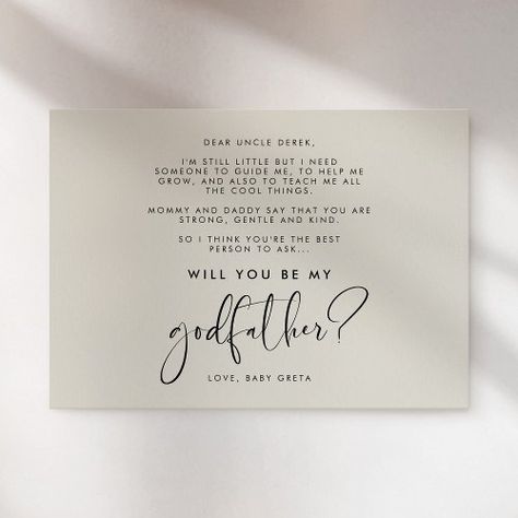 $2.92 | Elegant and modern Will you be my Godfather card - baptism, christening, godparents, godfather, will you be my godfather, godfather proposal, godfather card, modern, elegant, calligraphy God Father Gifts Ideas Diy, Padrinos Proposal Spanish, Godfather Proposal, Godfather Gifts, God Father, Elegant Calligraphy, Baptism Invitations, God Parents, Envelope Liners