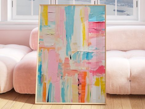 Colorful abstract digital print, soft pastel acrylic painting download, teen girl room dorm decor, preppy modern wall art, apartment decor Colorful Pop Art Living Room, Wall Art For Bedroom Paint, Set Of Three Wall Art Abstract, Cool Art For Living Room, Preppy Tv Room, Digital Print Wall Art, Large Art Bedroom, Preppy Abstract Painting, Light Preppy Room