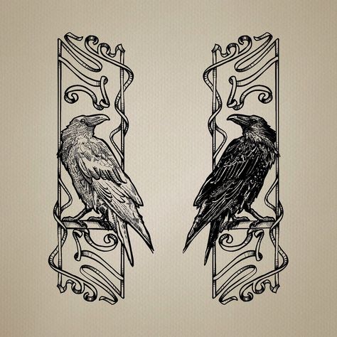 New Available Tattoo - Twin Crows #crowtattoo #birdtattoo #illustrativetattoo #artnouveautattoo #backpiece #tattoolisboa #tattoolisbon Raven And Crow Tattoos, Raven Edgar Allen Poe Tattoo, Two Hawks Tattoo, Matching Raven Tattoos, Woodcut Crow Tattoo, Devils Advocate Tattoo, Matching Crow Tattoos, Fox And Crow Tattoo, Gideon The Ninth Tattoo