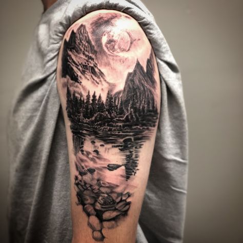 Alaska Tattoo, Scenery Tattoo, Wilderness Tattoo, Indian Tattoo Design, Nature Scene Tattoo, Scene Tattoo, Nature Tattoo Sleeve, Flower Tattoo Drawings, Tree Tattoo Designs