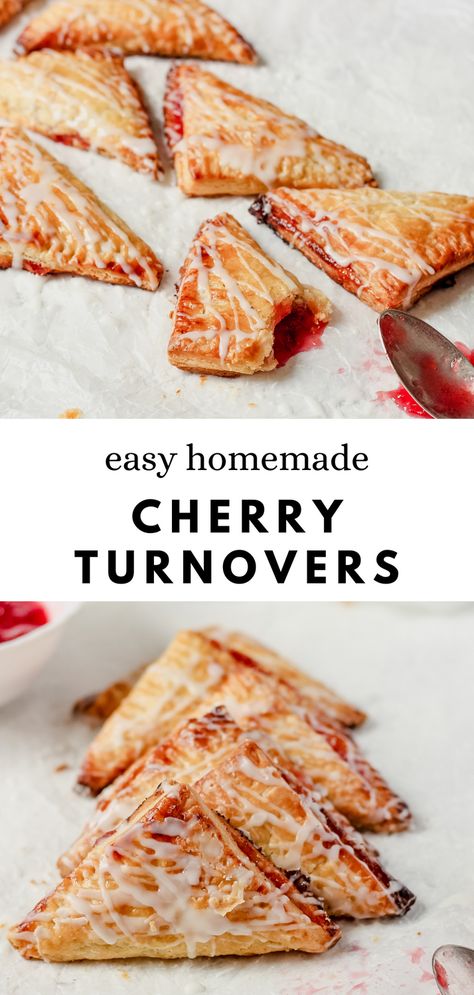 Homemade cherry turnovers with buttery, flaky dough that tastes just like puff pastry but much easier to make. Homemade Turnovers, Easy Turnovers With Puff Pastry, Easy Pastry Recipes 3 Ingredients, Cherry Turnovers Homemade, Cherry Turnover, Cherry Turnovers With Puff Pastry, Cherry Turnovers With Crescent Rolls, Puff Pastry Turnovers Fruit, Crescent Roll Cherry Turnovers