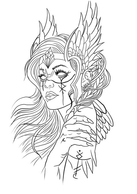 Valkyrie Sketch Tattoo, Norse Goddess Freya Tattoo, Valkyrie Tattoo Stencil, Viking Tattoos Stencil, Female Viking Drawing, Frigga Goddess Tattoo, Valkyrie Art Drawings, Freya Tattoo Design, Freya Tattoo Norse Mythology