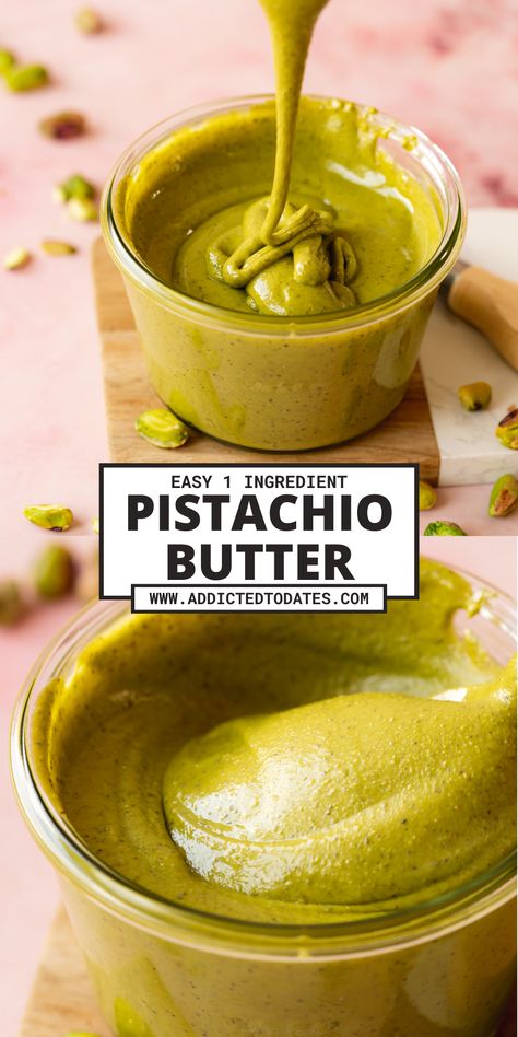 pistachio butter being drizzled into a glass jar showing the runny consistency. Pistachio Powder Recipes, Diy Pistachio Butter, Pistachio Nut Butter, Gourmet Butter Recipes, Homemade Healthy Treats, Pistachio Butter Recipe Desserts, Diy Pistachio Cream, Healthy Food Ingredients, Homemade Pistachio Cream