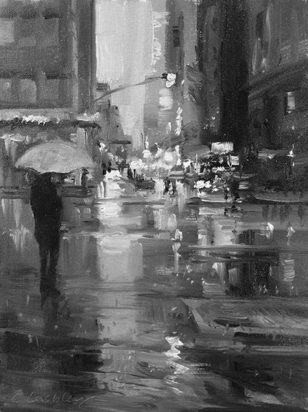 "In the Rain" Christine Lashley, oil 12 x 9" Historic Black and White Exhibit, Salmagundi Club, New York City. Dark City Painting, Black And White City Painting, Black And White Painting Aesthetic, Jacob Dhein, Picasso Black And White, Christine Lashley, Painterly Paintings, Oil Painting Black And White, New York City Painting