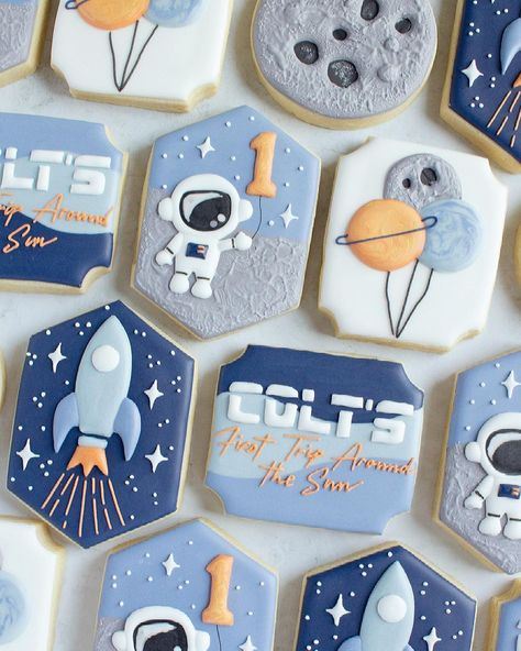 Space Decorated Cookies, First Trip Around The Sun Cookies, Outer Space Cookies, Rocket Cookies, Space Cookies, Galaxy Cookies, First Birthday Cookies, Pastry Design, Best Sugar Cookie Recipe