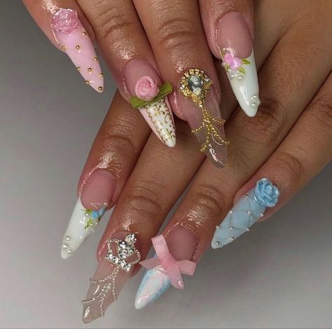 Nails Cute Pink, Barbie Colors, Aesthetic Nail Ideas, Pink Heart Nails, Nails Barbie, Nails Pearl, Nails Bow, Cute Pink Heart, Coquette Nails