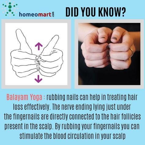 Balayam is a nail rubbing exercise and it is a union of two Hindi words Bal and Vyayam where Bal means Hairs and Vyayam indicates Exercise. In simple language ‘Balayam’ means an exercise for hairs. Its a form of Acupressure therapy to to stimulate scalp. Since roots of hair follicles on scalp are connected to fingernails, this pressure creation will help in pumping required nutrition to the scalp and promote hair growth Rubbing Nails For Hair Growth, Nail Rubbing For Hair Growth, Exercise For Hair Growth, Balayam Yoga, Hair Fall Remedy, Yoga Facts, Homeopathy Medicine, Skin Moles, Acupressure Therapy