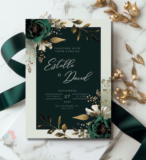 ✨ COMPLETE WEDDING STATIONERY SET AVAILABLE! ✨ Looking for a full set? You can find the matching Invitation, Details Card, RSVP Card, and Thank You Card Set at the link below: 👉 https://www.etsy.com/listing/1782525775/emerald-green-and-gold-wedding This set perfectly complements your wedding theme, ensuring a cohesive and elegant look for your special day. This invitation is a perfect blend of elegance and nature, featuring a sophisticated dark green background adorned with luxurious gold flora Emerald And Gold Wedding Invitations, Wedding Dark Green And Gold, Wedding Invitations Emerald Green And Gold, Emerald Green Save The Date, Botanical Theme, Clean Wedding Invitations, Emerald Green Wedding Invites, Dark Green And Gold Wedding Theme, Wedding Invitations Green And Gold