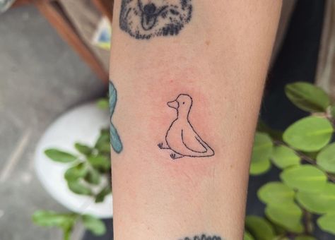 Goose Matching Tattoos, Minimalist Duck Tattoo, Duck Cowboy Tattoo, Cartoon Duck Tattoo, Cute Goose Tattoo, Duck Tattoos Small Funny, Silly Goose Tattoo Matching, Ducky Tattoo, Tiny Duck Tattoo