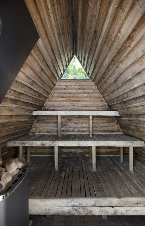 Shed & Studio A small triangular window punctuates the interior of the floating sauna.   Photo 16 of 18 in This Swedish Permaculture Retreat Is a Foodie's Paradise Sauna Diy, Sauna House, Modern Shed, Sauna Design, Outdoor Sauna, Casa Container, Unique Places, A Frame House, Instagrammable Places