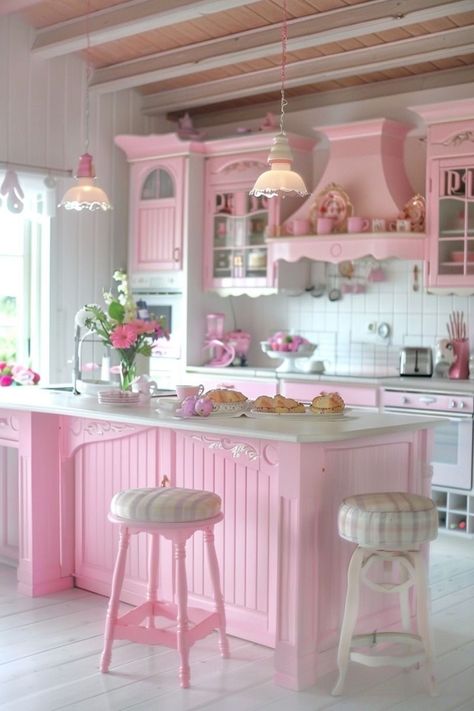 Pink Kitchen Inspiration, Pink House Interior, Kitschy Kitchen Decor, Pink Kitchens, Cocina Shabby Chic, Pink Kitchen Decor, Game Portal, Kitschy Decor, Kitchen Makeovers