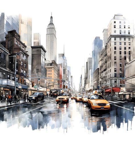 A busy street in New York City, digital watercolor painting. #nyc #newyorkart #watercolorpainting #digitalart #digitalpainting #etsyartists #urbanart #citystreets Nyc Watercolor Painting, New York City Drawing, City Watercolor Painting, New York City Illustration, Watercolour City, Nyc Painting, New York Watercolor, City Watercolor, New York Painting