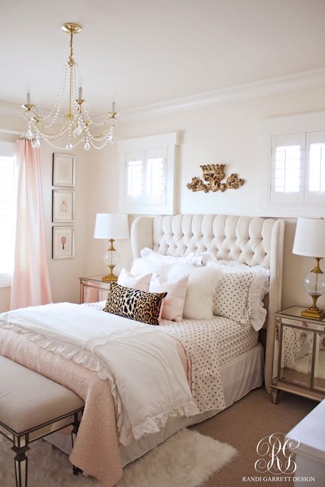 Pink and gold bedroom featuring tufted wingback headboard by Randi Garrett Design Bedding Grey, Chandelier Table, Modern Panel, Girls Bedroom Makeover, Metal Nightstand, Headboard Ideas, Curtain Window, White Bed, Gold Bedroom