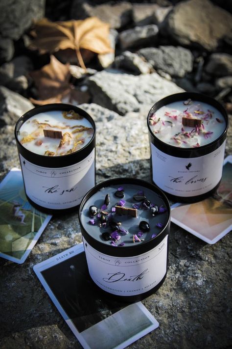 tarot candle collection Spiritual Candles Aesthetic, Candle Mood Board, Tarot Candles, Magical Candles, Amazing Candles, Candle Photoshoot, Magic Candles, Witchy Candles, Fairy Candles