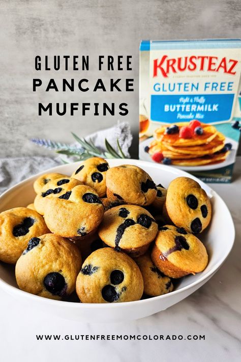 #AD Super easy gluten-free breakfast! Made with @krusteaz Light and Fluffy Buttermilk Pancake Mix! #MakeItKrusteazy #MakeKrusteaz Gluten Free Pancake Bites, Gluten Free Pancake Muffins, Gluten Free Pancake Mix Recipe, Pancake Mix Muffins Recipe, Blueberry Pancake Muffins, Muffin Mix Recipe, Pancake Mix Muffins, Gluten Free Pancake, Gluten Free Pancake Mix