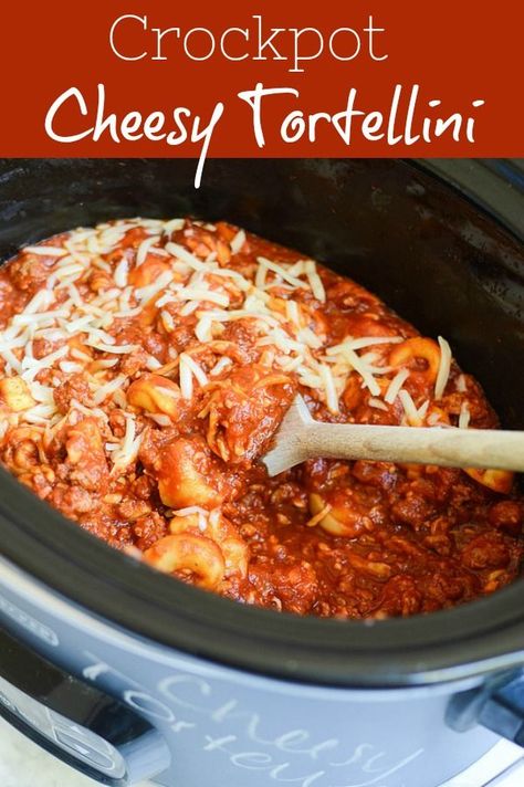 Sep 1, 2018 - Slow Cooker Cheesy Tortellini - cheese tortellini with ground turkey, pasta sauce, and 2 kinds of cheese all cooked in the slow cooker! A family favorite! Cheese Tortellini In Crockpot, Slow Cooker Cheesy Tortellini, Crockpot Cheesy Tortellini, Cheese Tortellini Recipes Crockpot, Crockpot Cheese Tortellini, Turkey Pasta Sauce, Tortellini Recipes Crockpot, Slow Cooker Tortellini, Crockpot Tortellini