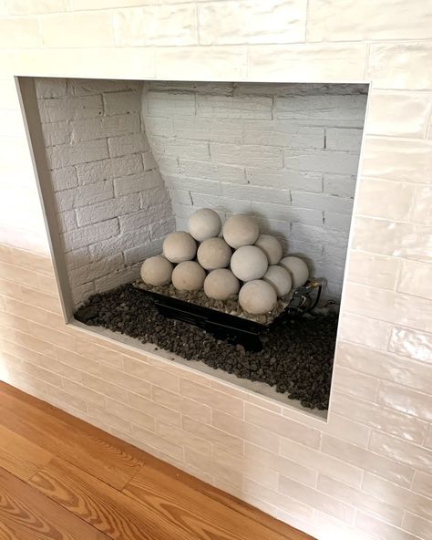 Concrete Balls For Fireplace, Basic Tile Fireplace, Ceramic Balls Fireplace, Fireplace Fireballs, Fireballs Fireplace, Fireballs In Fireplace, Fireball Fireplace, Fireplace Balls, Ball Fireplace