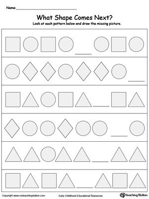 What Shape Comes Next?: Your child will learn to recognize and complete patterns by identifying next picture, color, size and shape in this printable worksheet. Shape Pattern Worksheet, Ab Pattern Worksheet, Preschool Pattern Worksheets, Pattern Worksheets For Kindergarten, Preschool Patterns, Shapes Worksheet Kindergarten, Ab Patterns, Math Patterns, Pattern Worksheet