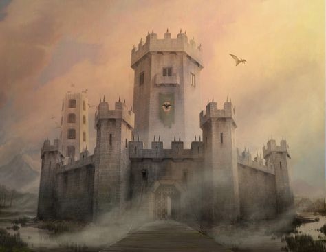 Swamp Castle Concept Art, Asoiaf Castles, Swamp Castle, Medieval Places, Medieval Fantasy World, Arryn House, Island Castle, Castle Ideas, Targaryen Art