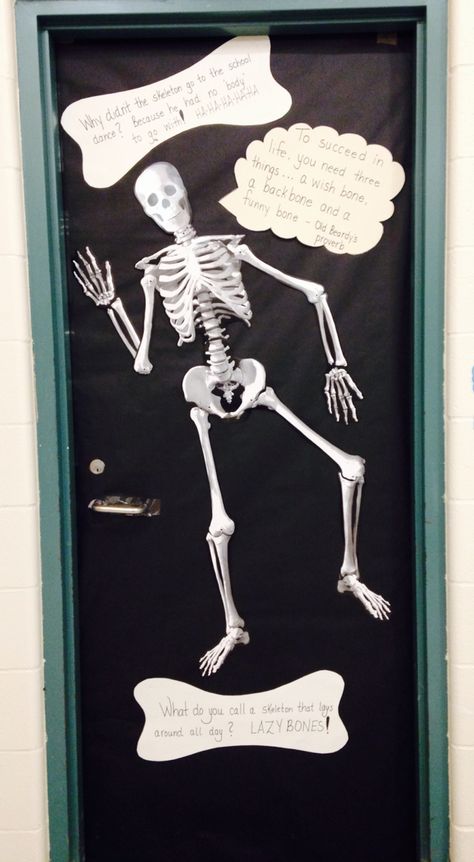 Mr Funny Bones door decoration for Halloween Skeleton Door Decoration, Door Decoration For Halloween, Mr Funny, Office Bulletin Boards, Rad Tech Week, Decoration For Halloween, School Door Decorations, Tech Week, School Doors