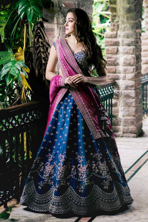 Royal Blue Lehenga, Navy Blue Lehenga, Purple Lehenga, Engagement Lehenga, Popup Shop, Lehenga Saree Design, Simple Lehenga, Raw Silk Lehenga, Half Saree Lehenga