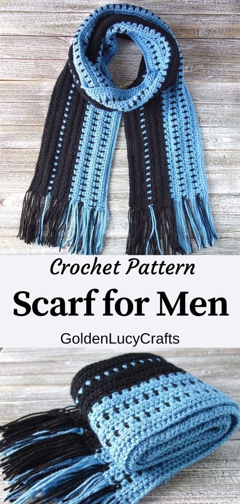 Crocheted scarf in blue and black colors. Crochet For Men Gift Boyfriends, Mens Scarves Crochet, Boyfriend Crochet Gift Ideas, Crochet Gifts For Men Boyfriends, Mens Scarf Crochet Pattern Free, Crochet For Men Gift Ideas, Crochet For Men, Men Scarf Crochet Pattern, Crochet Scarf Pattern Free Easy