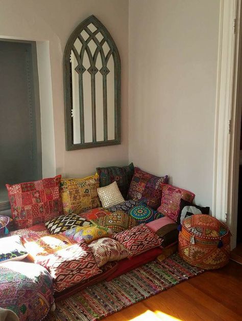 Floor Pillow Seating Area, Pillow Lounge Area, 70s Floor Couch, Dyi Floor Seating, Floor Eating Table Aesthetic, Floor Pillow Couch, Bohemian Sitting Area, Boho Floor Couch, Floor Cozy Corner