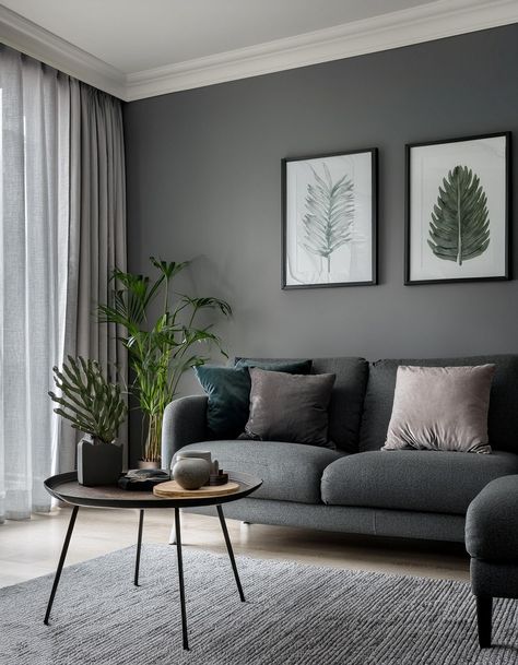 Neutral Walls Dark Grey Living Room Walls, Living Room With Dark Grey Couch, Grey Wall Living Room, Living Room Grey Walls, Grey And Black Living Room, Gray Walls Living Room, Dark Gray Sofa Living Room, Grey Living Room Ideas Color Schemes, Gray Sofa Living Room Ideas