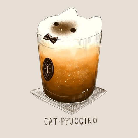 Cat-ppuccino, an art print by Nadia Kim - INPRNT 귀여운 음식 그림, Food Artwork, Themed Drinks, Cute Food Drawings, Cute Food Art, Cute Animal Drawings Kawaii, Cat Drinking, Cute Kawaii Drawings, Kawaii Food