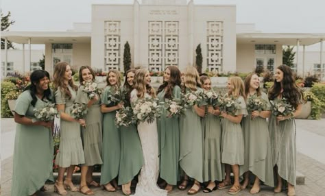 lds friendly, temple wedding, fall, sage green dresses, short sleeve bridesmaid dresses Sage Green Bridesmaid Dresses Short Sleeve, Sage Green Different Bridesmaid Dresses, Modest Fall Bridesmaid Dresses, Sage Green Short Bridesmaid Dresses, Sage Made Of Honor Dress, Sage Green And Beige Bridesmaid Dresses, Different Sage Green Bridesmaid Dresses, Green Colour Palette Bridesmaid Dresses, Sage Green Lace Bridesmaid Dresses