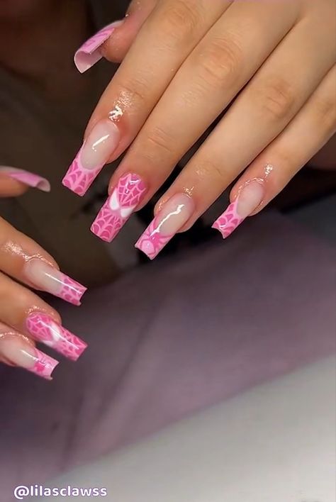 Long Nails Inspiration Pink, Nail Inspo Square Pink, Spider Man Nail Inspo Acrylic, Spider Man Nails Acrylic Pink, Acrylic Nails Ideas Aesthetic, Simple Pink Nail Ideas, Cute Square Nail Designs, Cool Nail Art Designs Unique, Pink Nails Design Butterfly