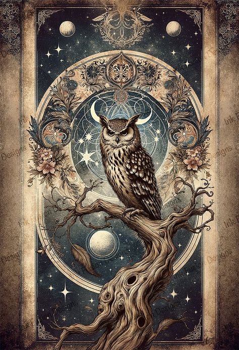 Otus the Owl is an evocative art print that captures the mystical essence of an owl perched amidst cosmic elements, blending vintage and celestial motifs. Ideal for crafting projects or as a standalone piece, this print adds a mystical and antique charm to any project piece, home decor, or space. Characteristics owl, tree, celestial, moon phases, stars, astrology, cosmic, vintage, mystical, brown, blue, tan, floral. Uses:  Our decorative art papers are produced with quality ink and materials to ensure ease of application, vivid images, and a professional-looking finish that will take your projects to the next level. We carry a variety of paper types and sizes allowing for versatile application across a range of surfaces and project scales. These prints can be used for updating and rejuvena Owls Aesthetic, Design Posters Ideas, Evocative Art, Owl And Moon, Celestial Motifs, Moon Stars Art, Digital Art Software, Owl Moon, Owl Artwork