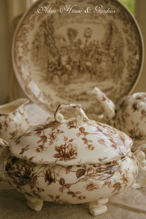 Aiken House & Gardens: Brown & White Transferware Cupboard House Gardens, Brown Transferware, Pretty China, Antique Dishes, Beautiful Pottery, China Dishes, Antique China, China Patterns, Beautiful Dishes