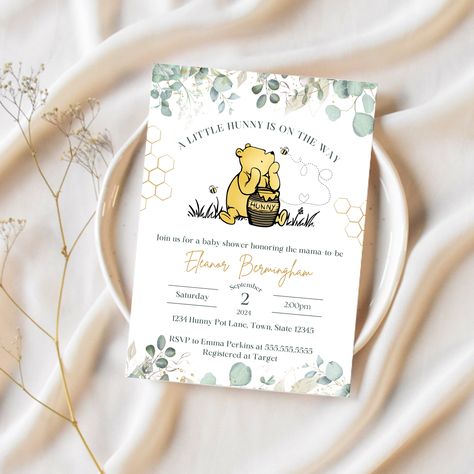 Winnie The Pooh Invitation Template | A Little Honey Is On The Way | Ollie + Hank Winnie The Pooh Baby Shower Ideas Invitations, Winnie Pooh Baby Shower Invitations, A Little Hunny Is On The Way, A Little Honey Is On The Way, Winnie The Pooh Baby Shower Invitations, Winnie The Pooh Invitation Template, Apple Tree Branch, Pooh Bebe, Pooh Invitation