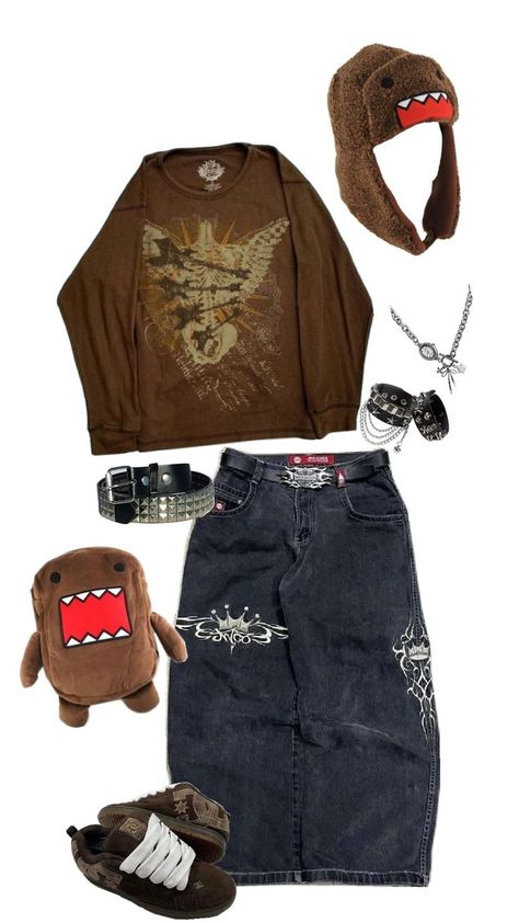 brown y2k outfit Brown Y2k Outfit, Alt Outfits Aesthetic, Street Style Outfits Casual, Baggy Outfit Ideas, Sick Clothes, Silly Clothes, Brown Y2k, Century Clothing, Brown Outfit