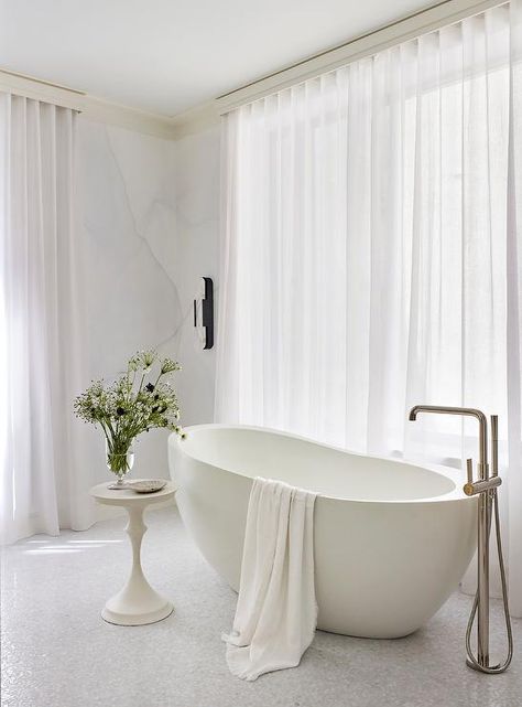 Modern Oval Bathtub with Mosaic Marble Floor Tiles - Transitional - Bathroom Tiles With Gold Grout, Mosaic Marble Floor, Gold Grout, French Accent Chairs, Grey Marble Floor, Marble Floor Tiles, Oval Bathtub, Floor Mount Tub Filler, Marble Bathroom Floor