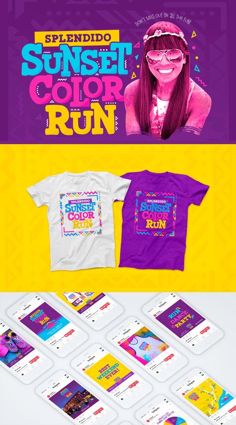 Splendido Sunset Color Run #BrandIdentity #EventBranding #Branding #FunRun #ColorRun Event Branding Design, City Branding, Banner Design Layout, Sunset Color, Creative Advertising Design, Polo Design, Corporate Identity Design, Magazine Layout Design, Event Branding