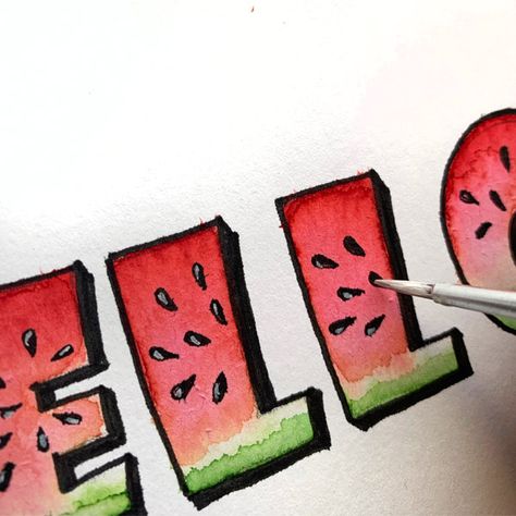 Watermelon Letters, Watermelon Lettering, Garden Flags Ideas, Fruit Letters, Summer Font, Shadow Drawing, Watermelon Designs, Cute Watermelon, Journal Lettering