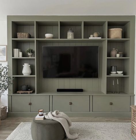 Green Media Unit, White Media Unit, Tv Wall Ideas Living Room With Radiator, Built In Media Unit Living Room, Media Unit Styling, Tv Built Ins Living Room, Builtin Cabinet Living Room, Green Media Wall Living Room, Media Units Living Room